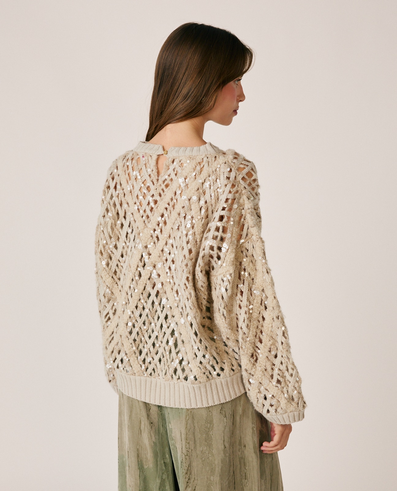 Jersey de mujer en rejilla con lentejuelas - Alma en Pena - Crema Crema-6