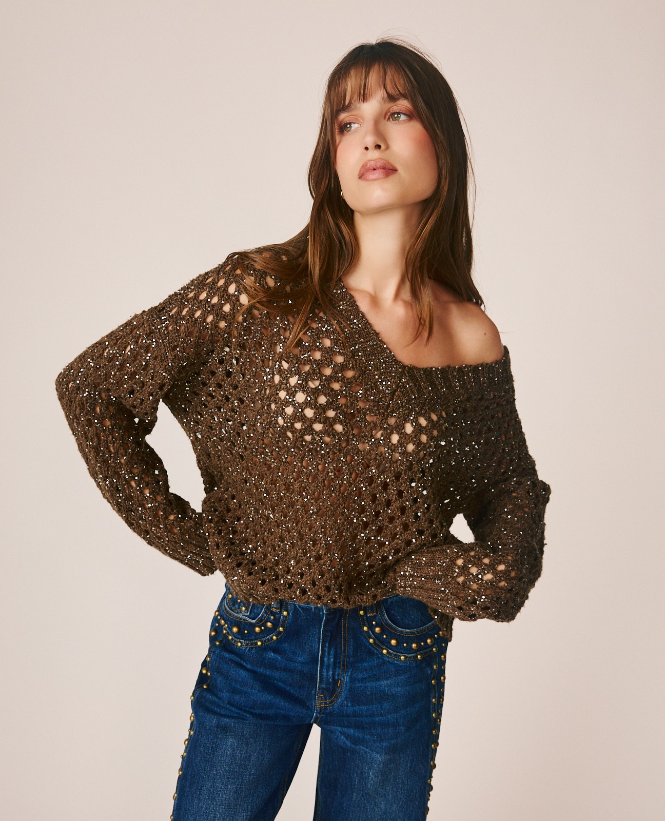 Jersey de mujer calado con cuello pico - Alma en Pena - Marrón Marrón-2