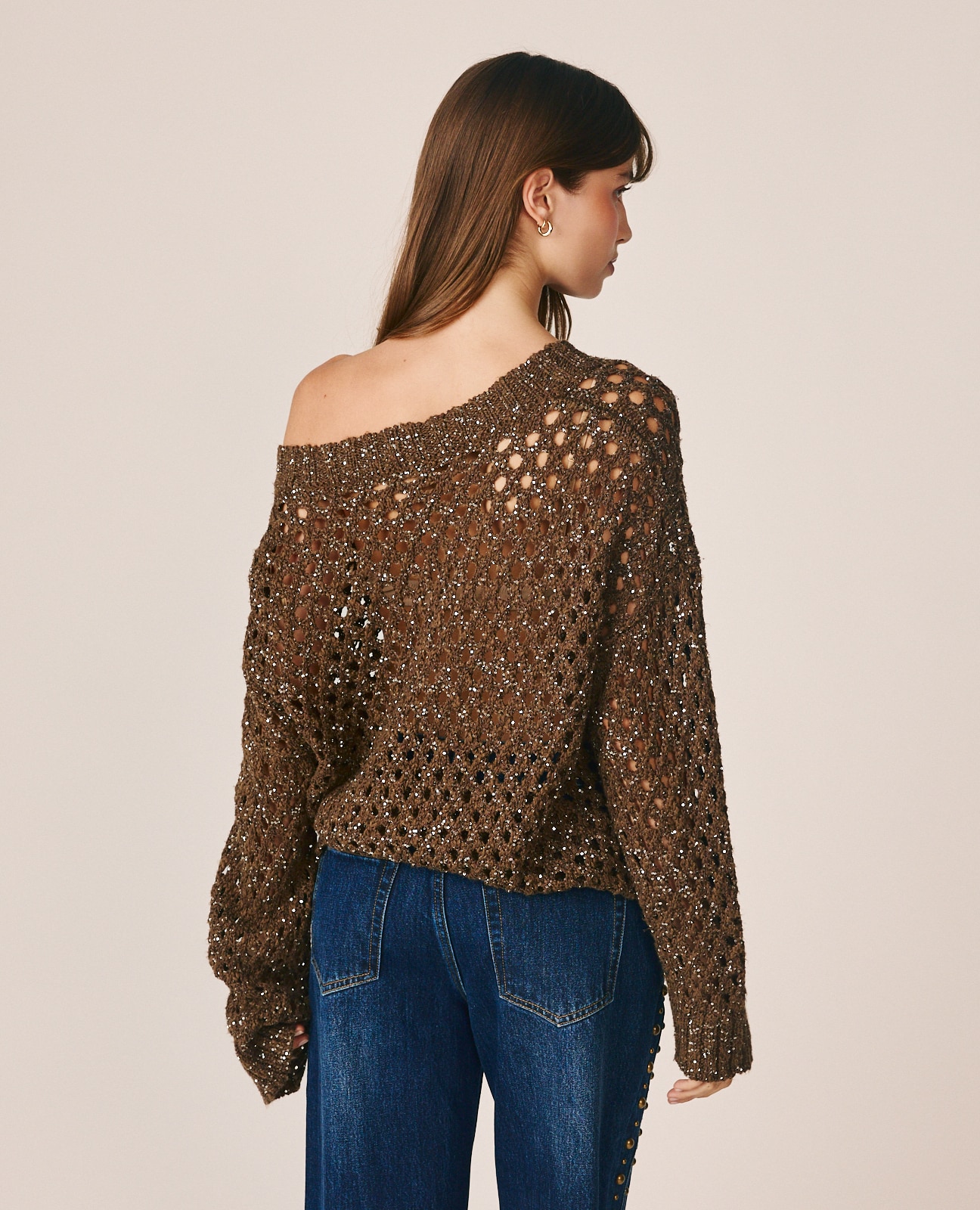 Jersey de mujer calado con cuello pico - Alma en Pena - Marrón Marrón-5