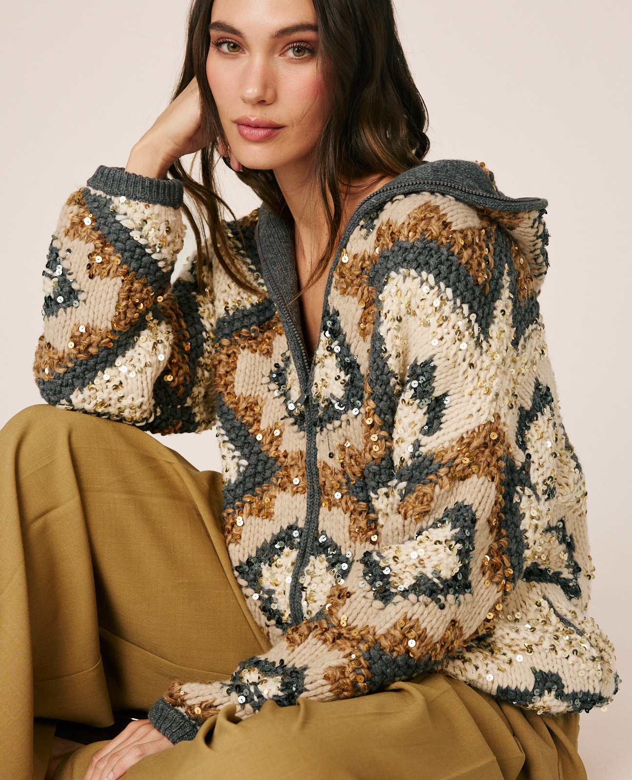 Cárdigan de mujer de punto con capucha - Alma en Pena - Beige Beige-1