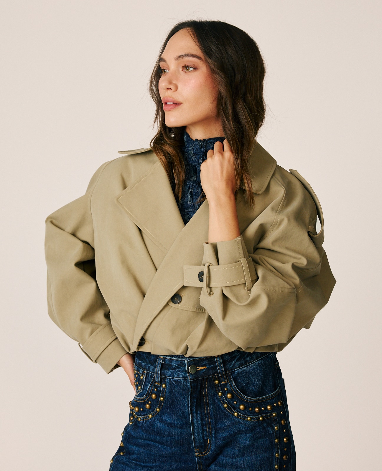 Gabardina de mujer corta con diseño cruzado - Beige Beige-1