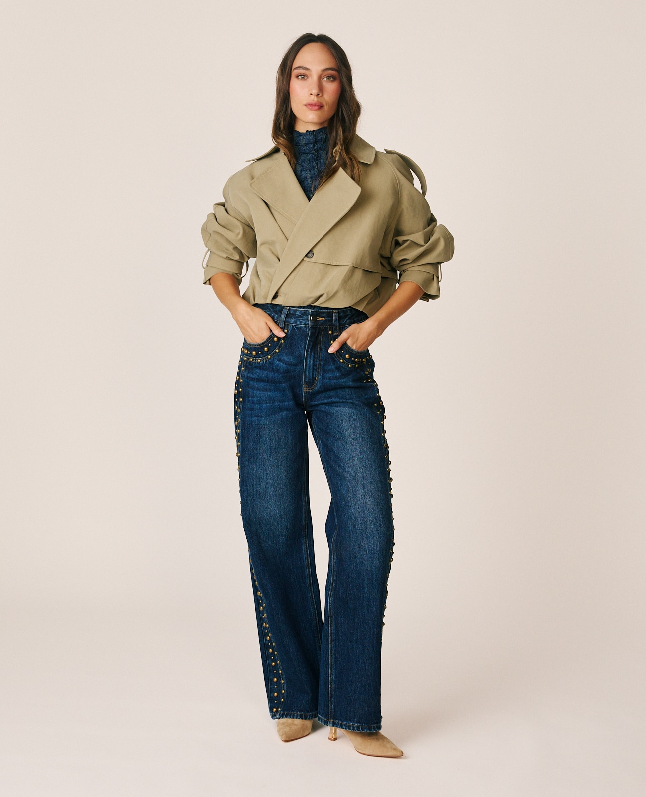 Gabardina de mujer corta con diseño cruzado - Beige Beige-2