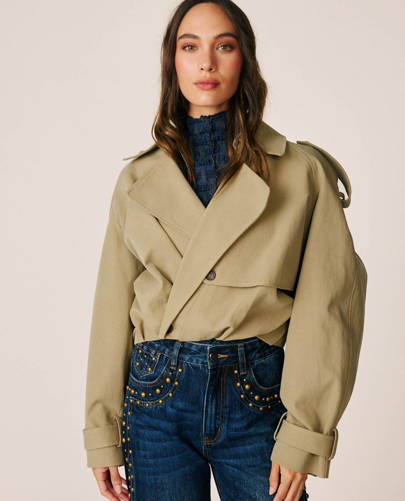 Gabardina de mujer corta con diseño cruzado - Beige Beige-4