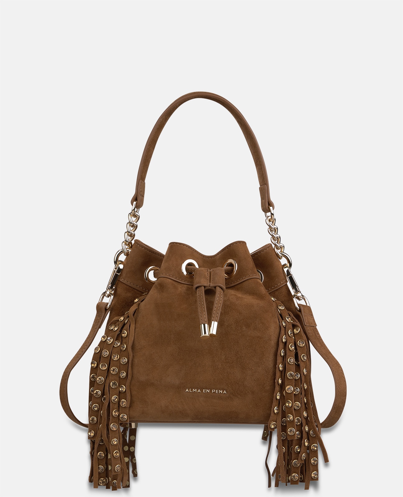 Bolso bombonera de ante con flecos - Alma en Pena - Camel Camel-4
