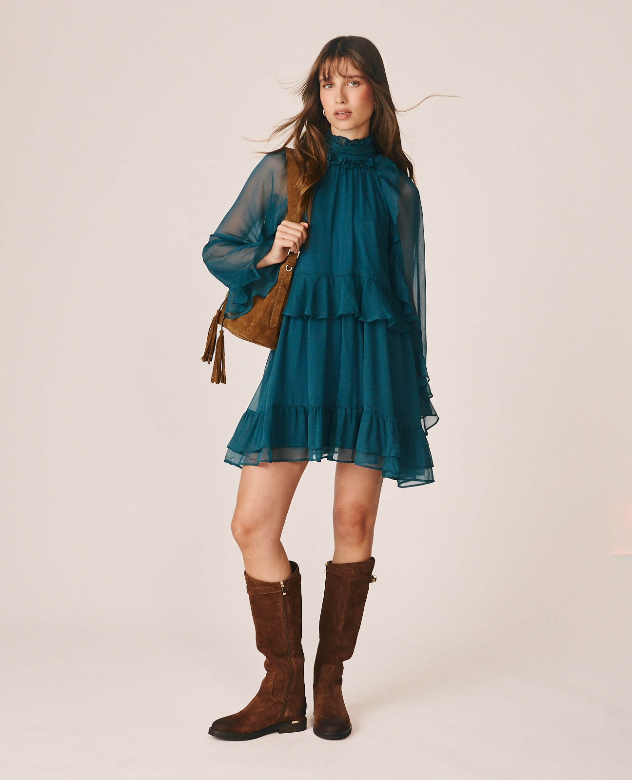 Vestido corto con cuello fruncido y manga ranglán - Alma en Pena - Azul Océano Azul Océano-1