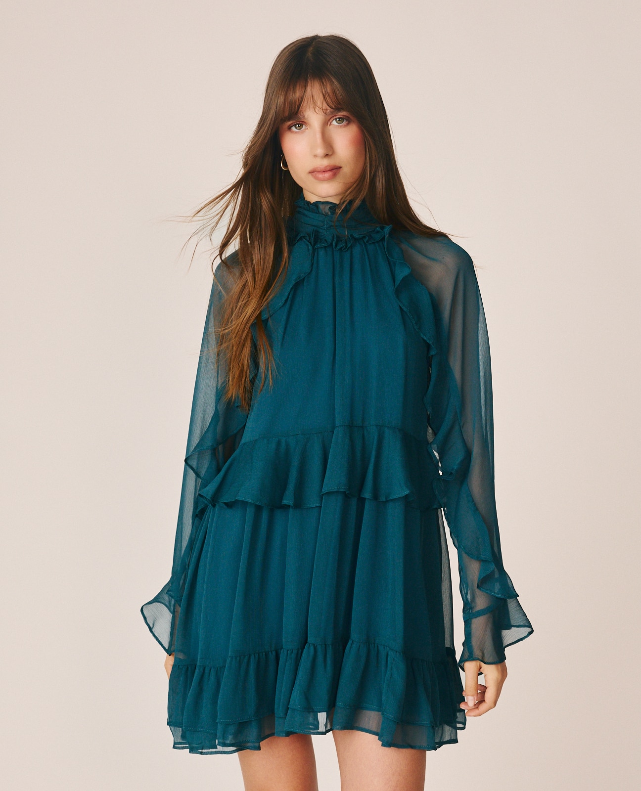 Vestido corto con cuello fruncido y manga ranglán - Alma en Pena - Azul Océano Azul Océano-3