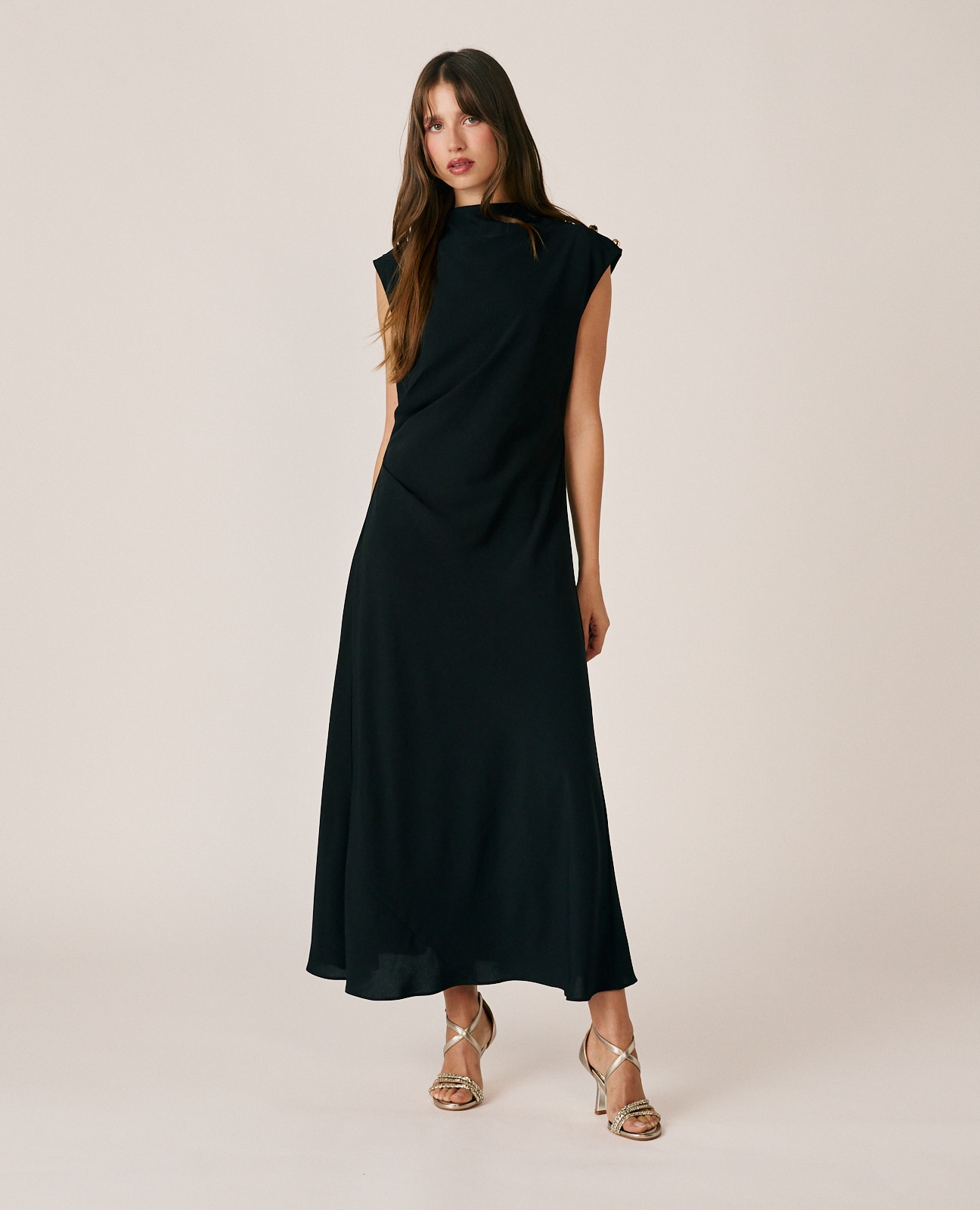 Vestido largo crepé con drapeado en cintura - Negro Negro-1