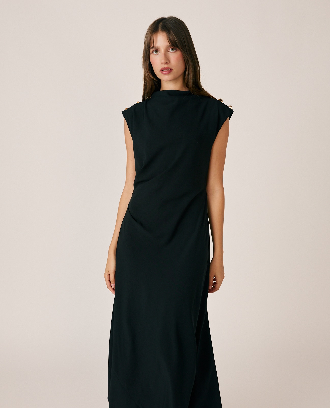 Vestido largo crepé con drapeado en cintura - Negro Negro-2