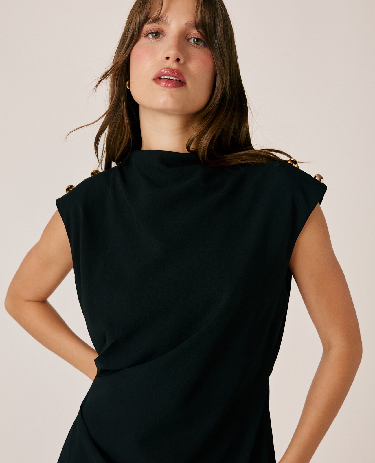 Vestido largo crepé con drapeado en cintura - Negro Negro-4