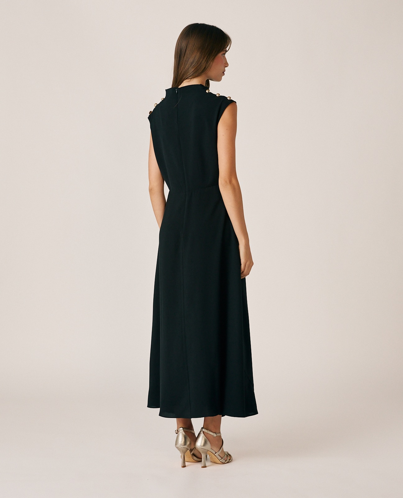 Vestido largo crepé con drapeado en cintura - Negro Negro-6