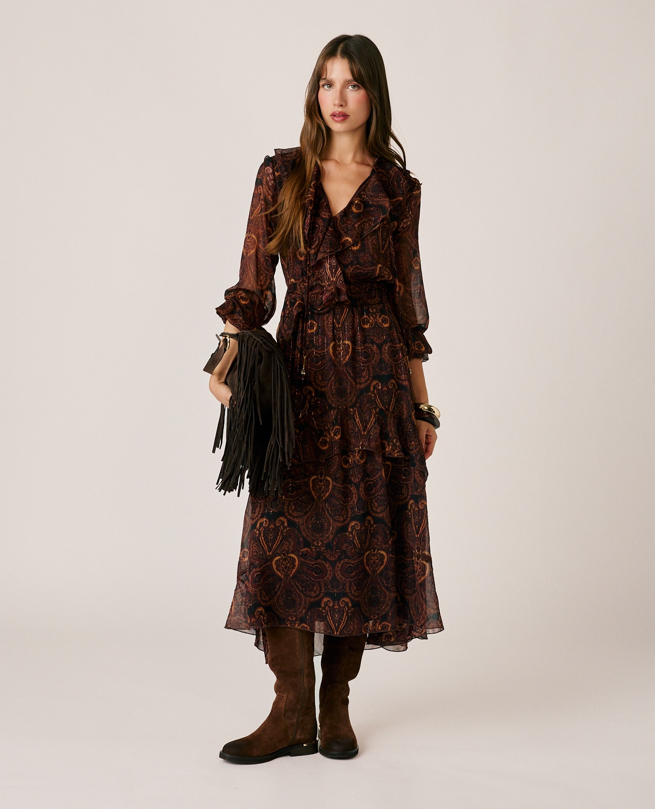 Vestido midi con volantes y estampado paisley - Marrón Marrón-1