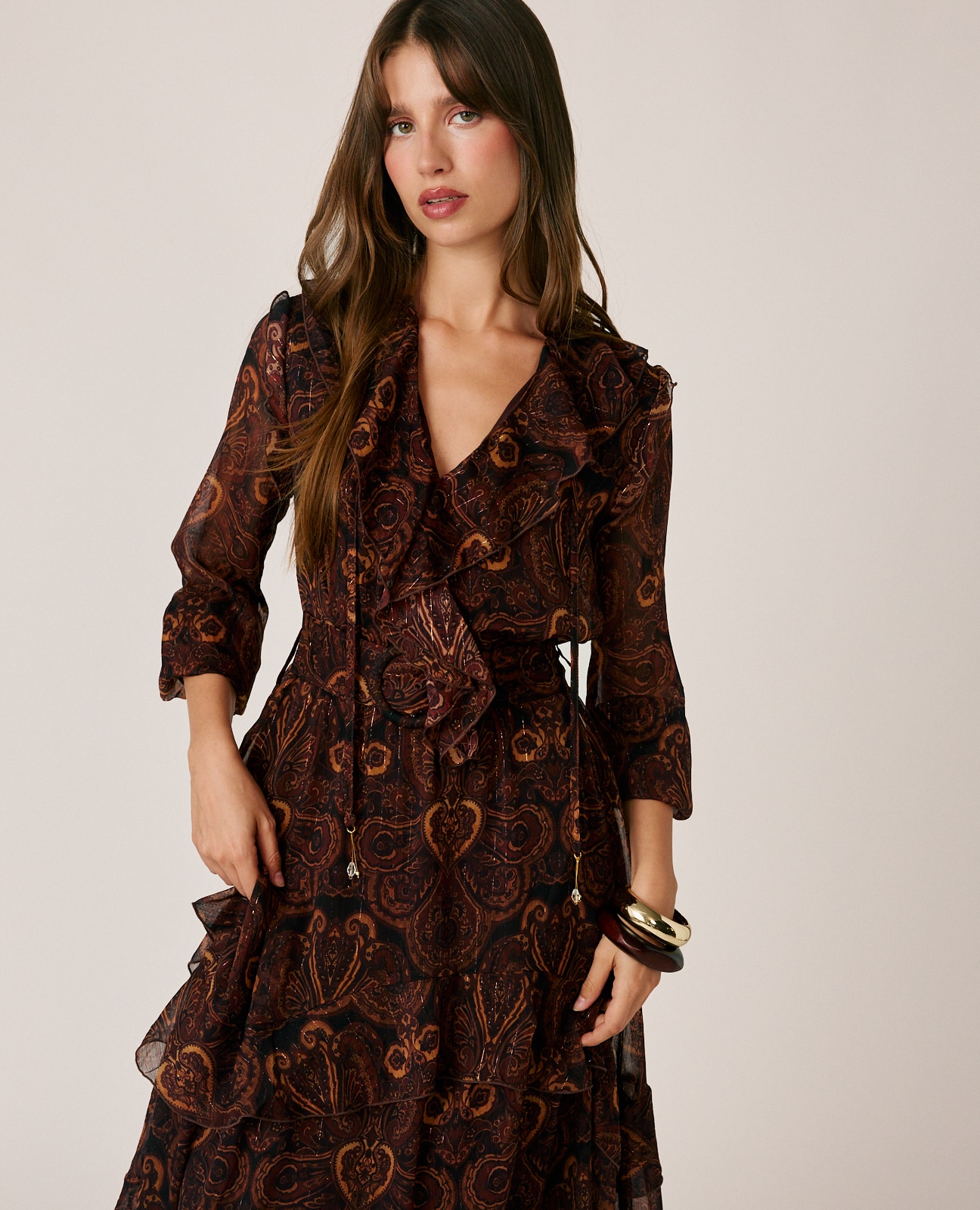 Vestido midi con volantes y estampado paisley - Marrón Marrón-2