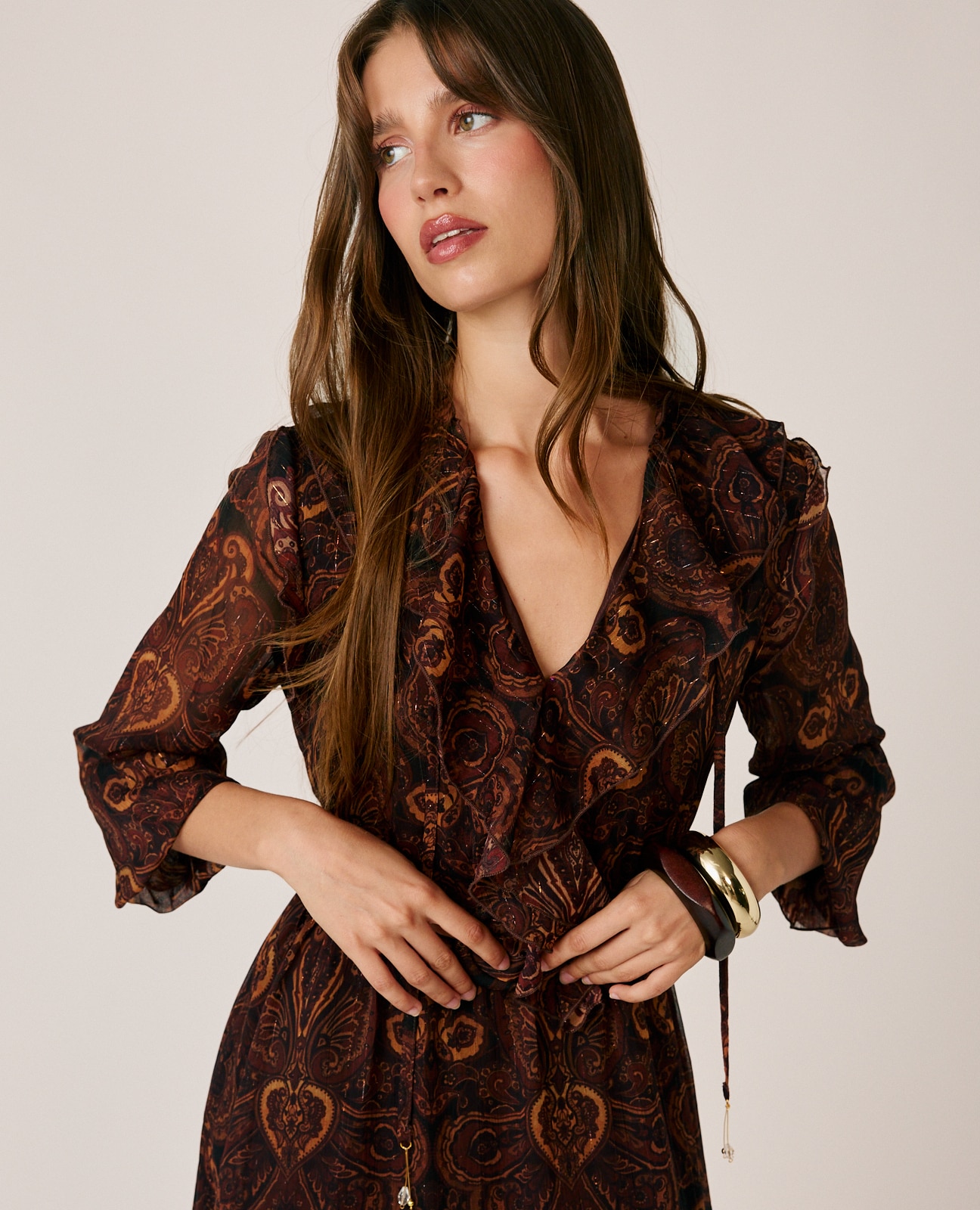 Vestido midi con volantes y estampado paisley - Marrón Marrón-4