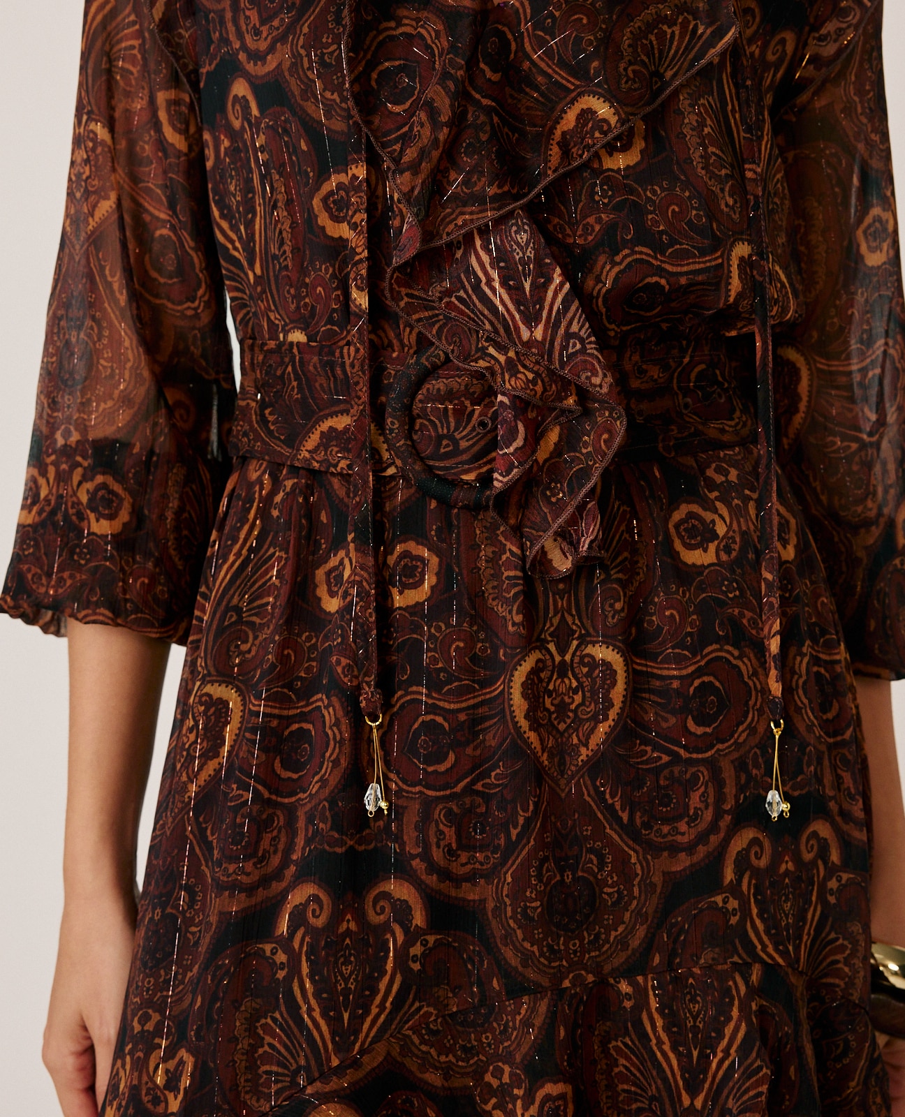 Vestido midi con volantes y estampado paisley - Marrón Marrón-5
