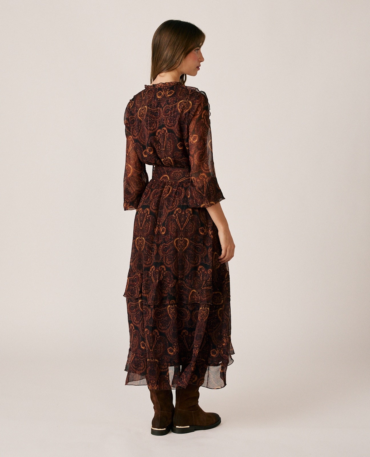 Vestido midi con volantes y estampado paisley - Marrón Marrón-6