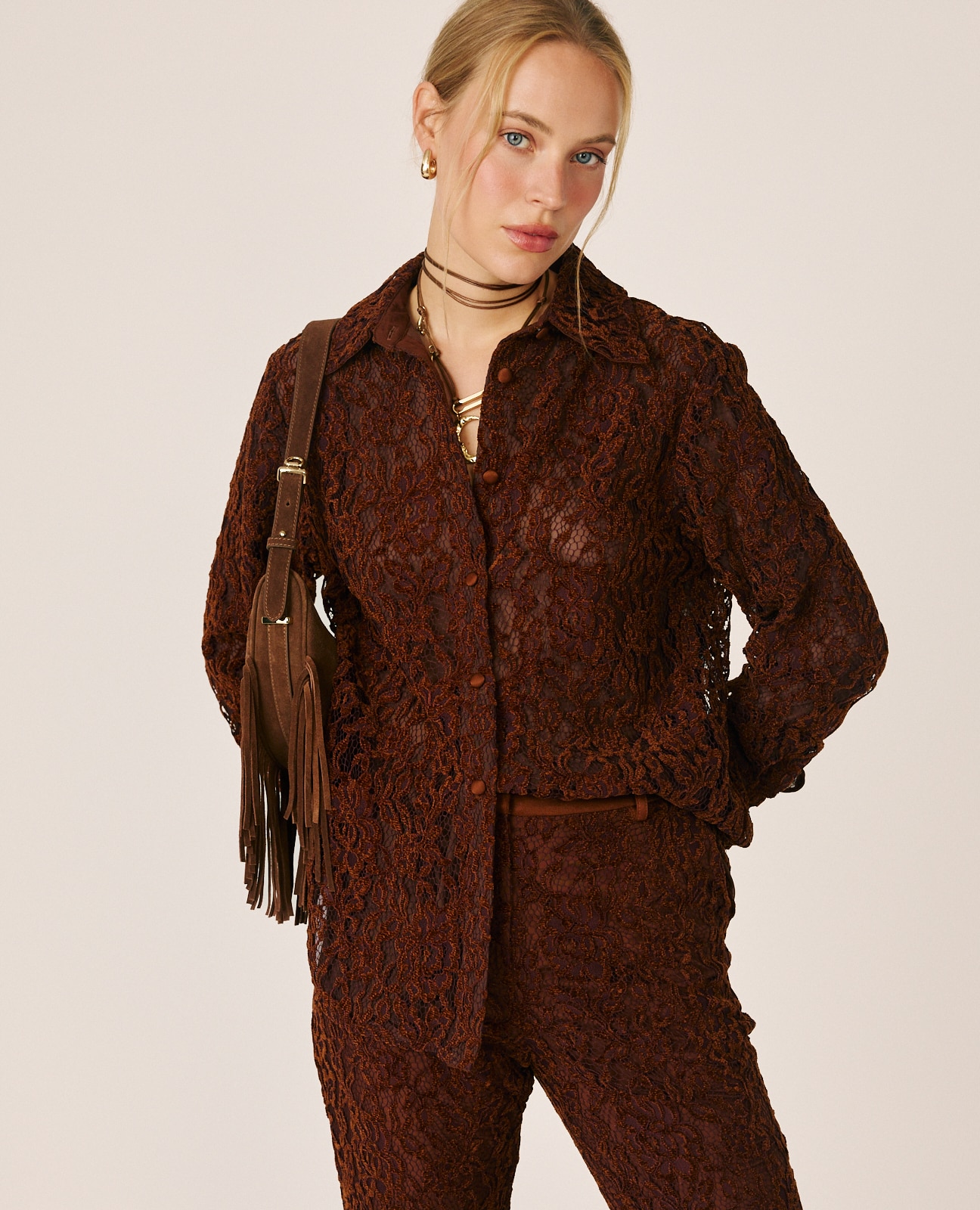 Camisa de mujer manga larga con encajes - Terracota Terracota-1