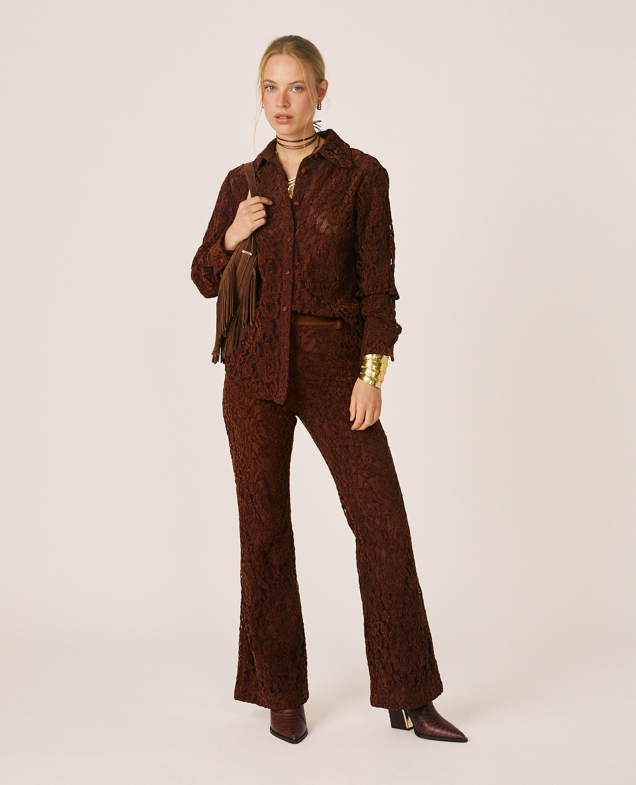 Camisa de mujer manga larga con encajes - Terracota Terracota-2