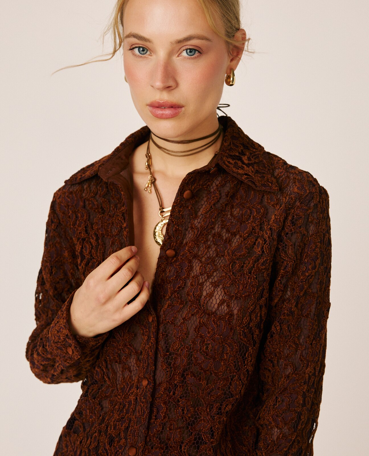 Camisa de mujer manga larga con encajes - Terracota Terracota-3
