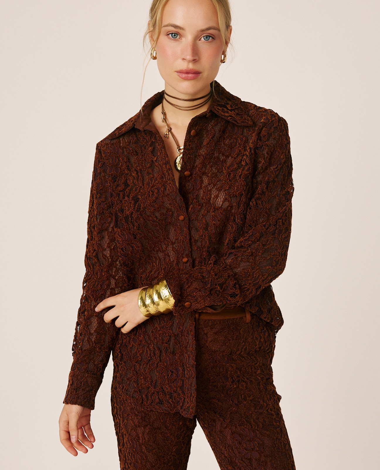 Camisa de mujer manga larga con encajes - Terracota Terracota-4