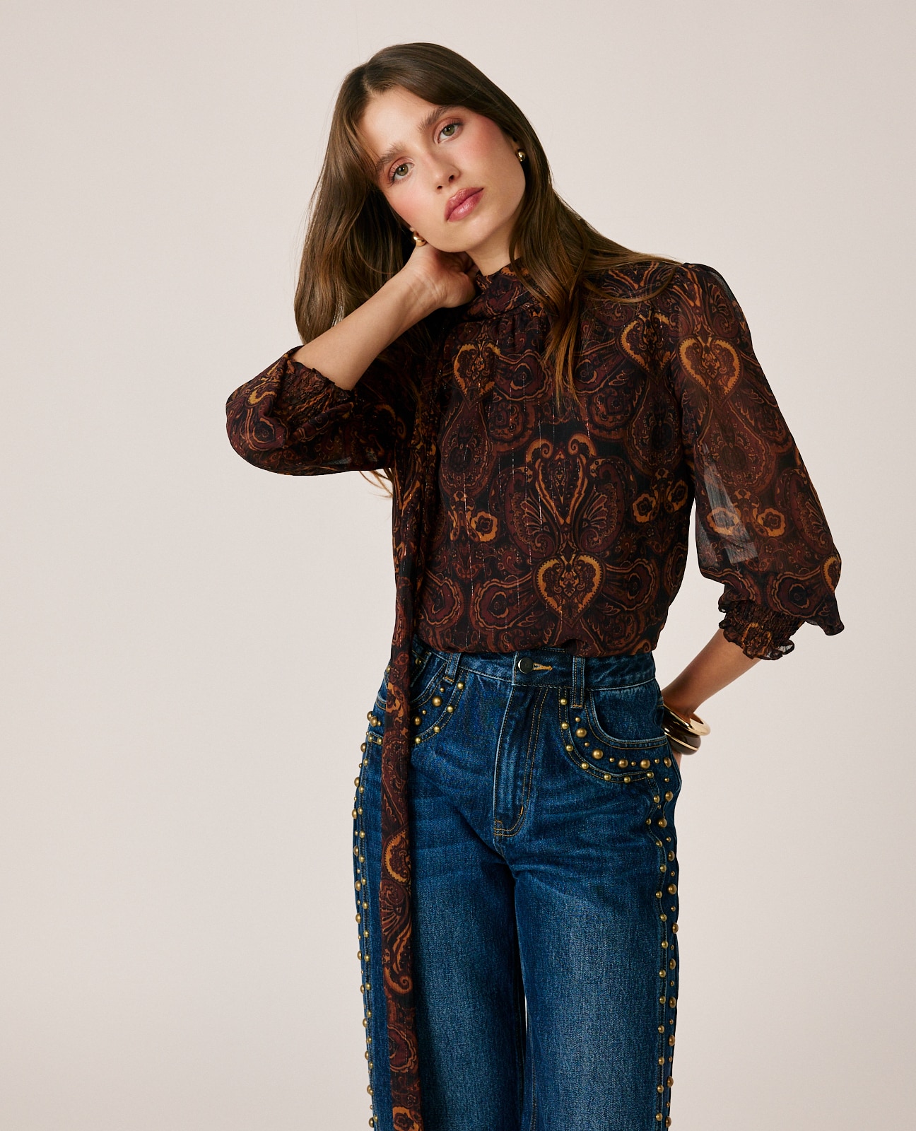 Imagen 3 de Blusa de mujer en gasa con estampado paisley - Alma en Pena - Marrón Marrón