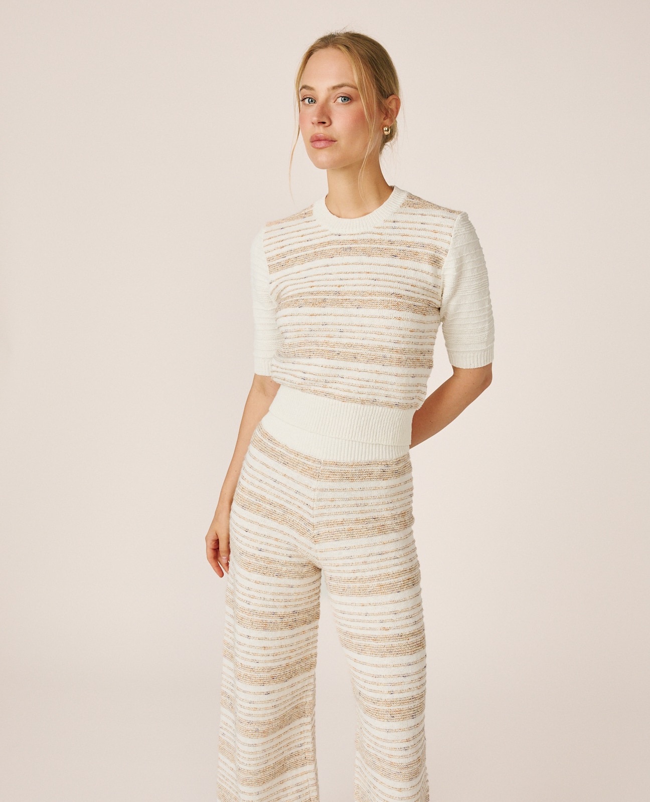 Top de mujer de punto manga corta de rayas - Crema Crema-2