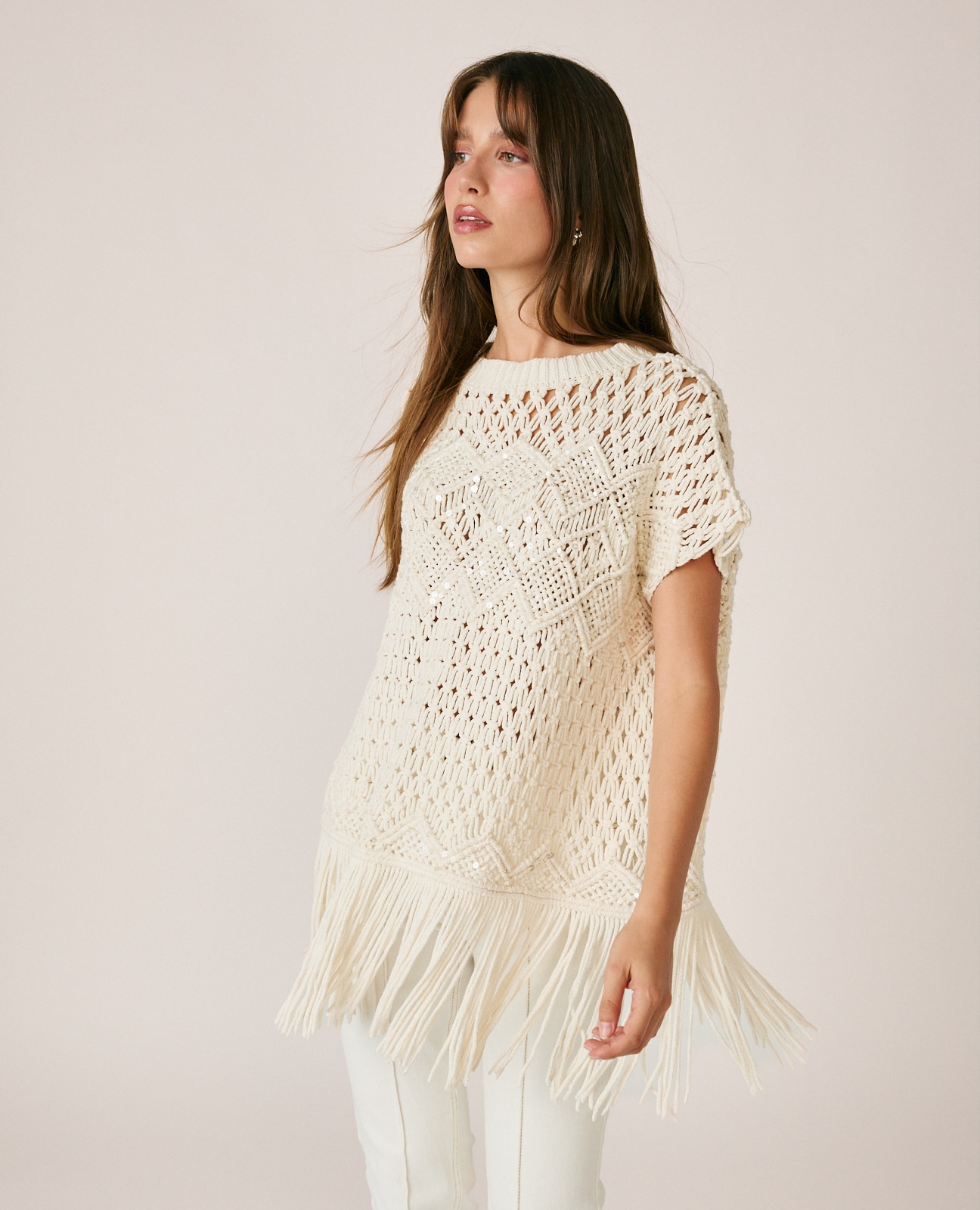 Chaleco de mujer calado con flecos - Alma en Pena - Crema Crema-3