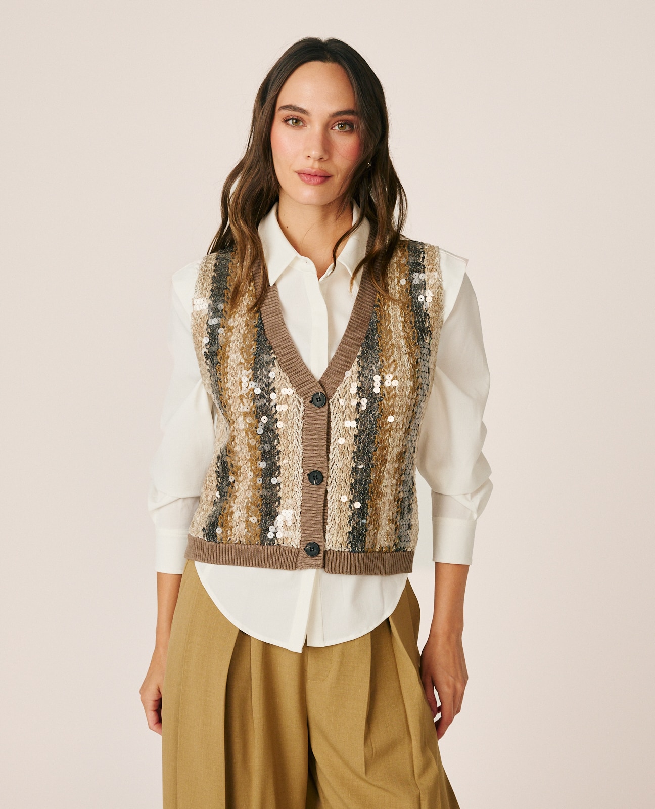 Chaleco de mujer de punto con lentejuelas - Beige Beige-1
