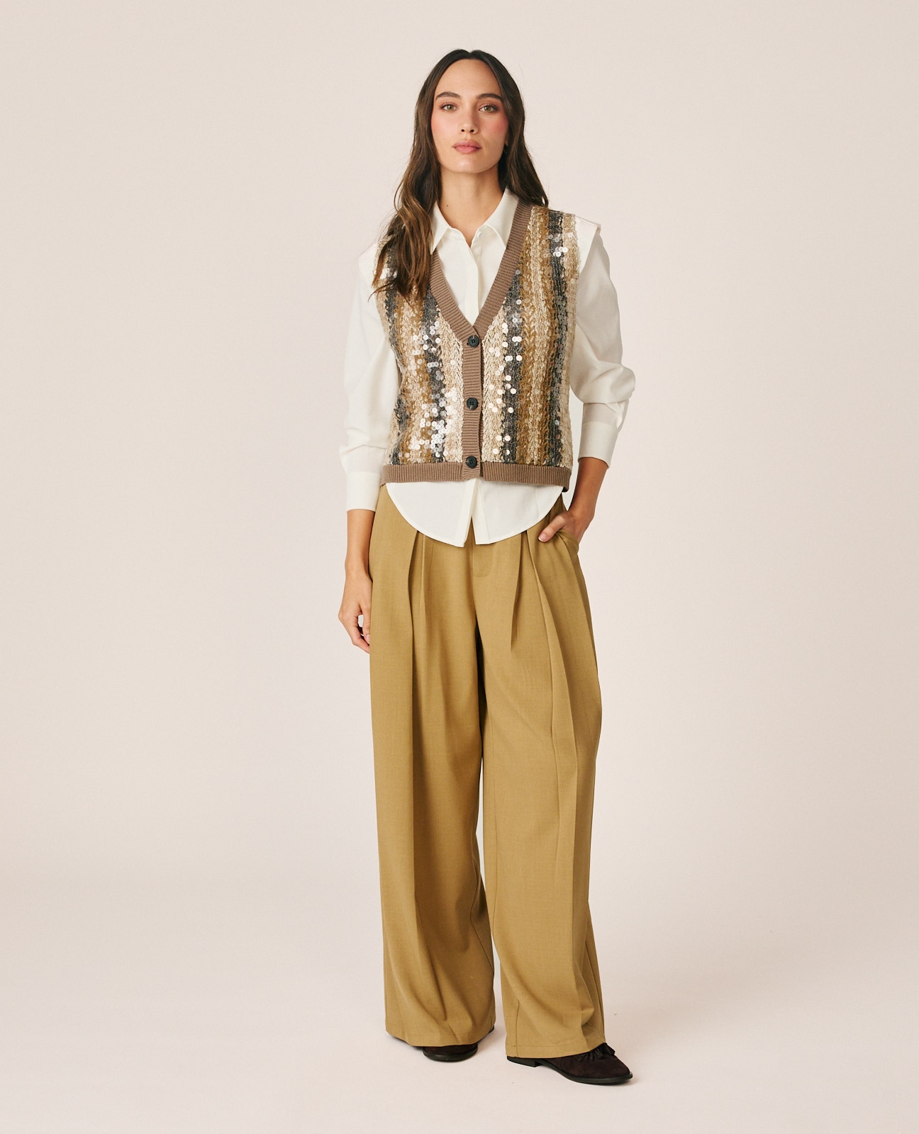 Chaleco de mujer de punto con lentejuelas - Beige Beige-2