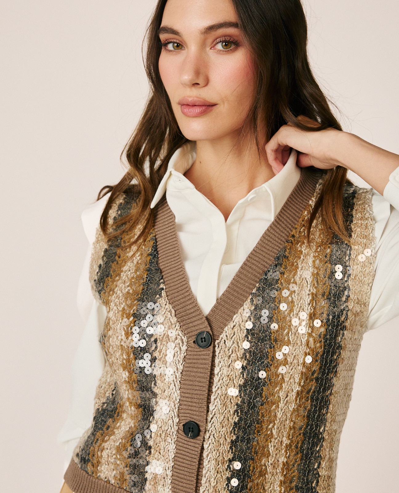 Chaleco de mujer de punto con lentejuelas - Beige Beige-3