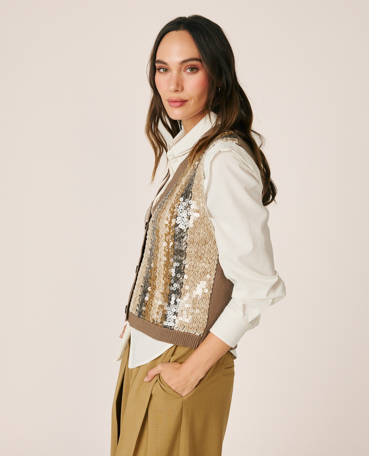 Chaleco de mujer de punto con lentejuelas - Beige Beige-4