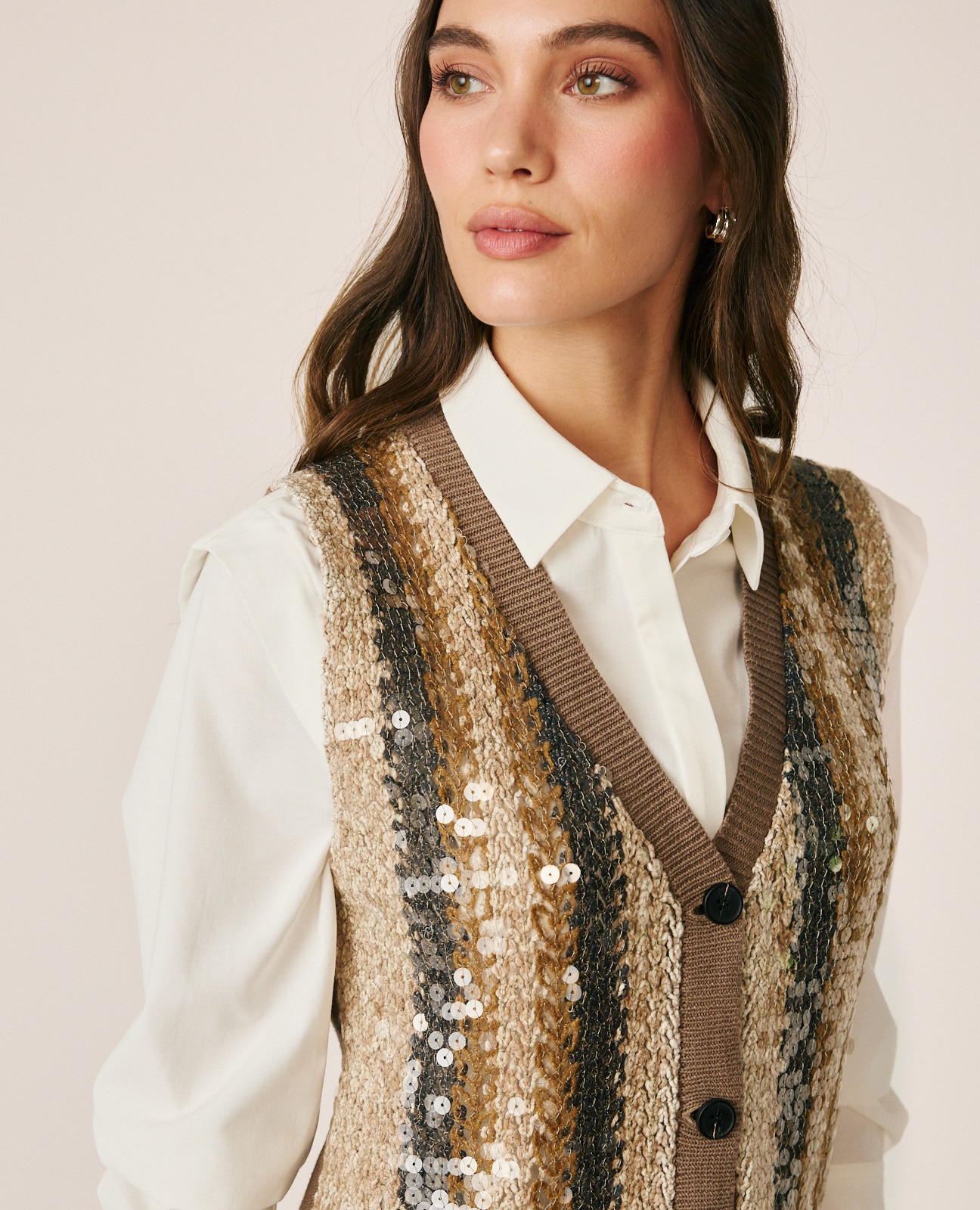 Chaleco de mujer de punto con lentejuelas - Beige Beige-5