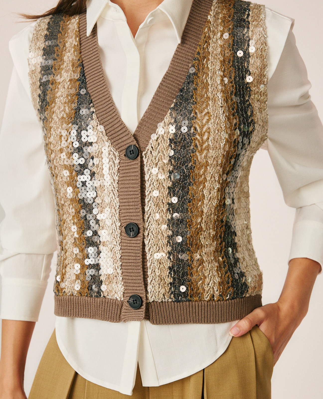 Chaleco de mujer de punto con lentejuelas - Beige Beige-6