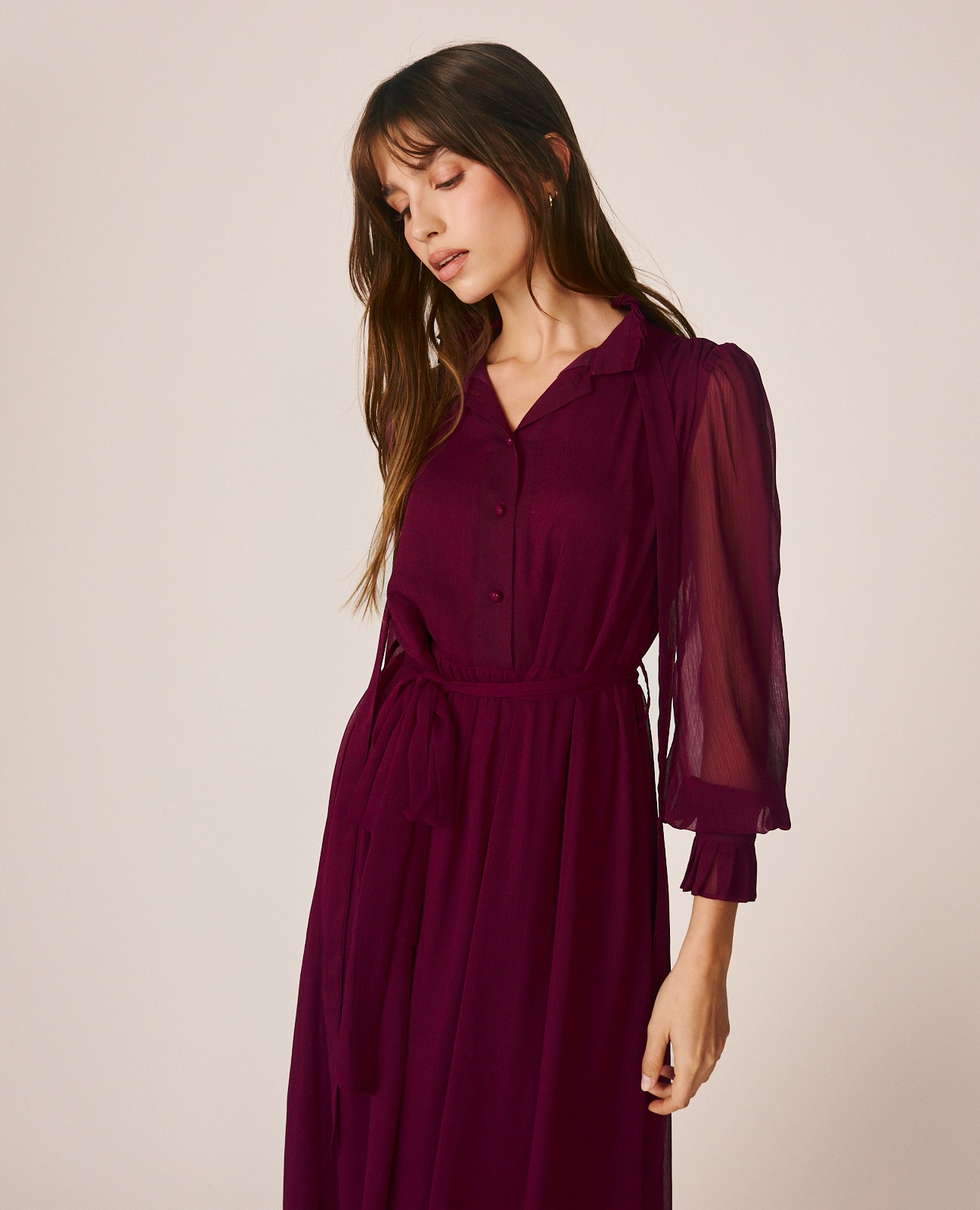 Vestido midi con manga abullonada y semitransparente - Alma en Pena - Burdeos Burdeos-4