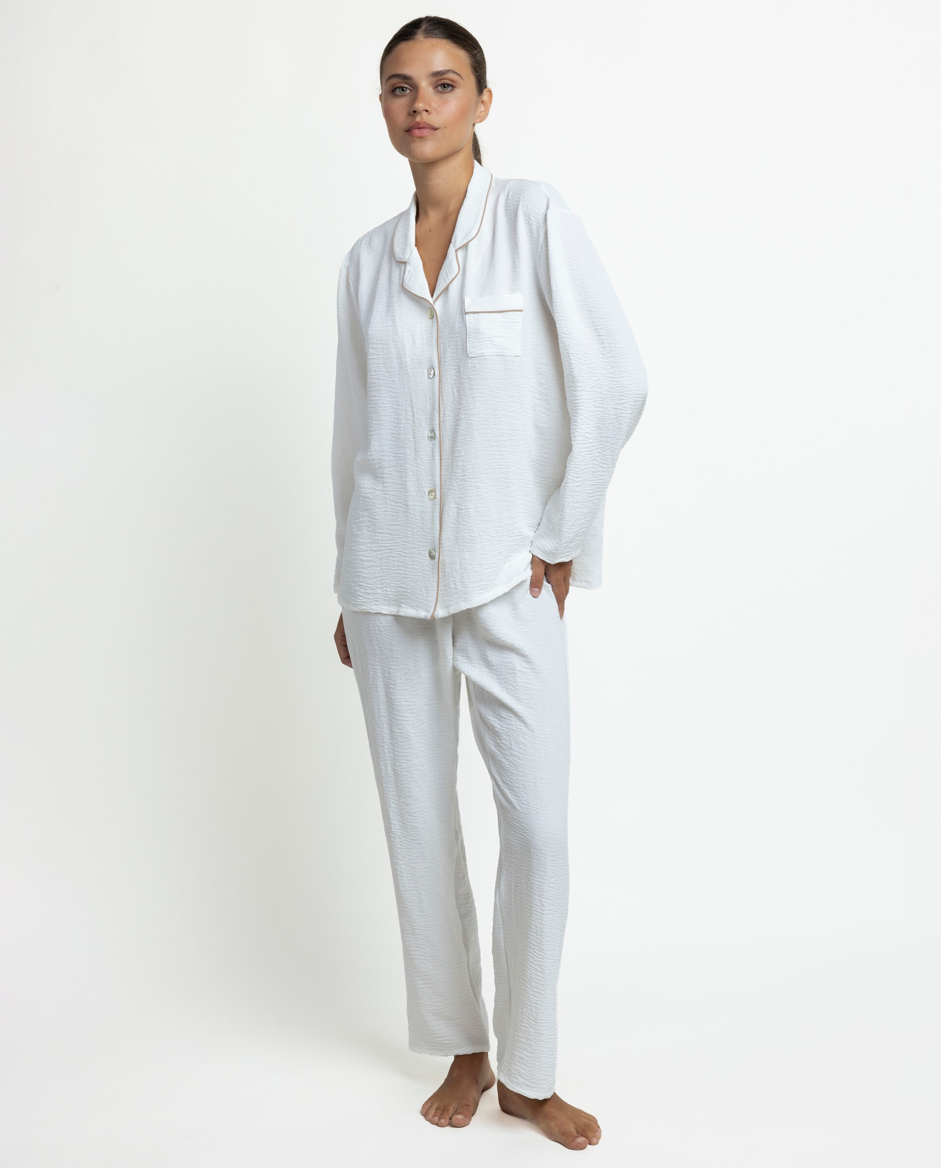 Pijama largo de mujer de tela satén - Admas - Blanco Blanco-1