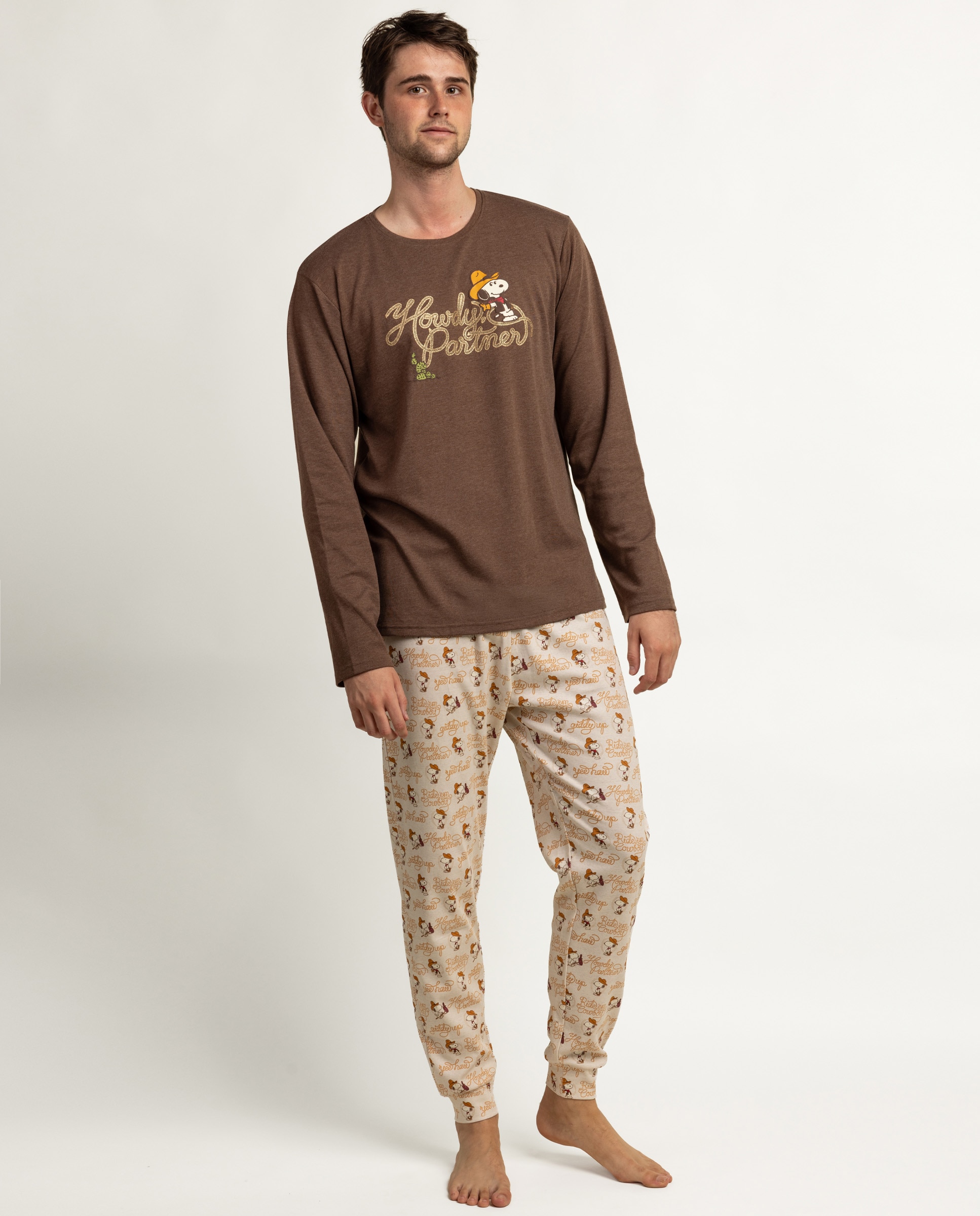 Imagen 0 de Pijama completo largo de hombre de punto de algodón Marrón