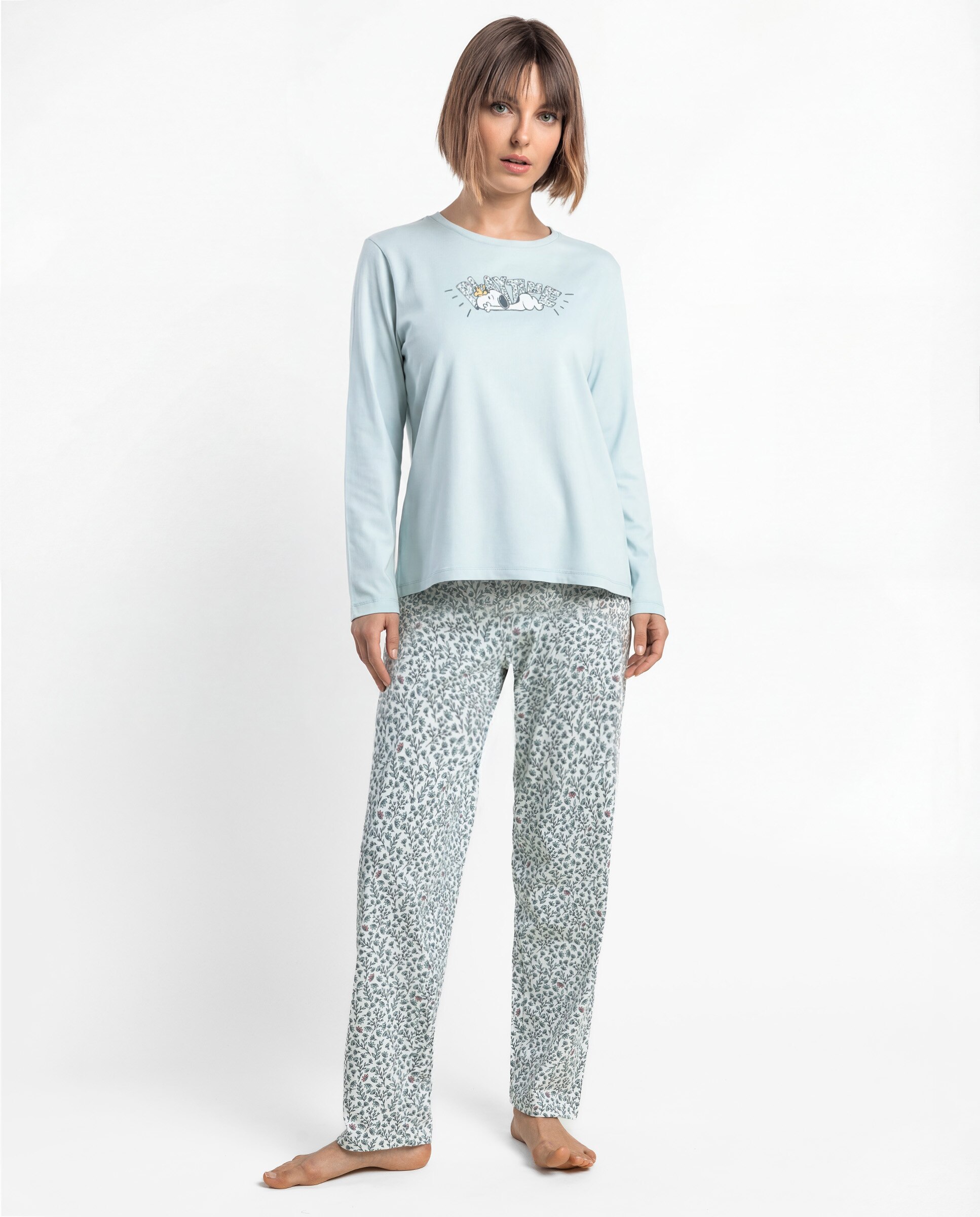 Pijama largo de mujer de punto de algodón - Peanuts - Azul Azul-1