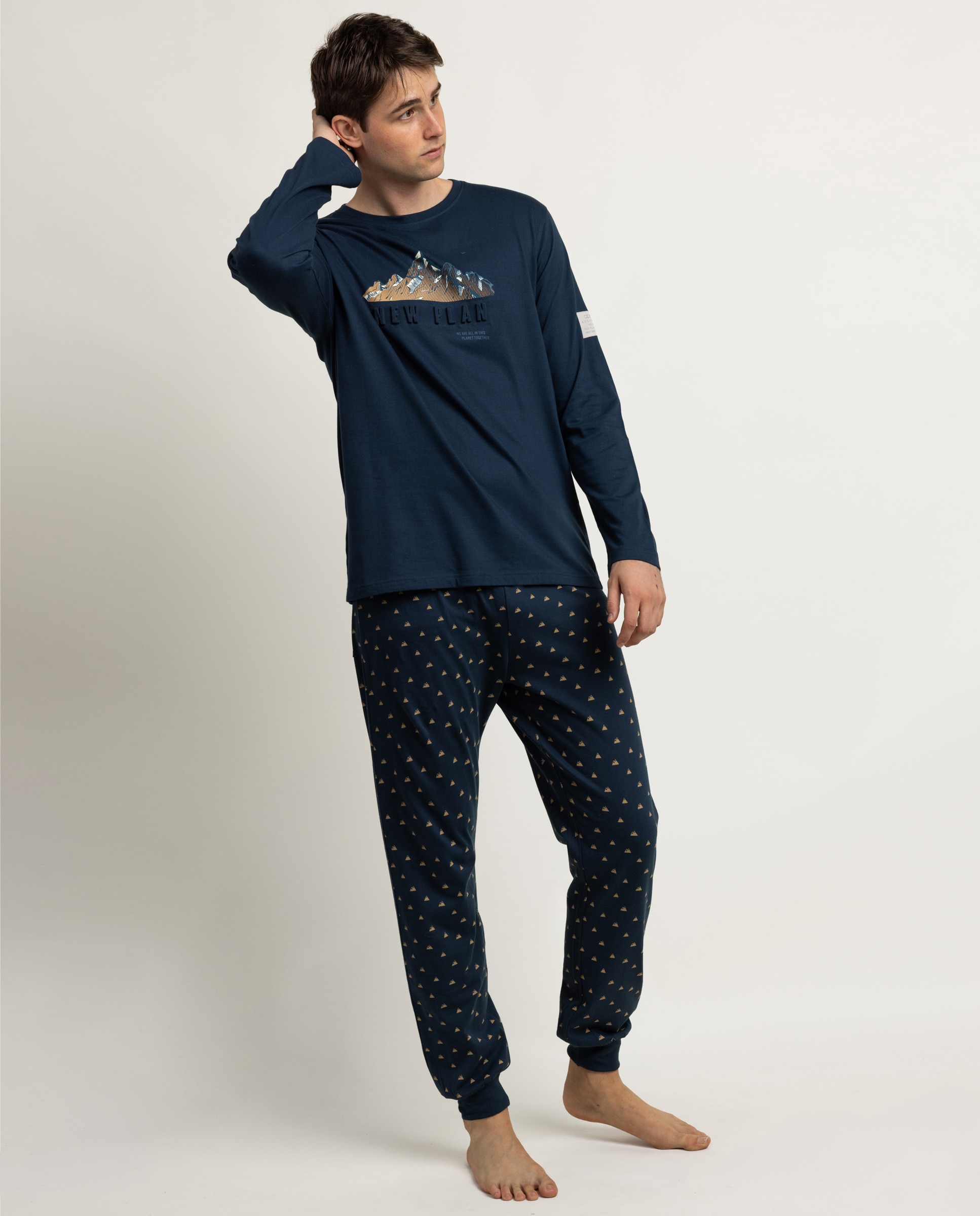 Imagen 1 de Pijama completo largo de hombre de punto de algodón Azul