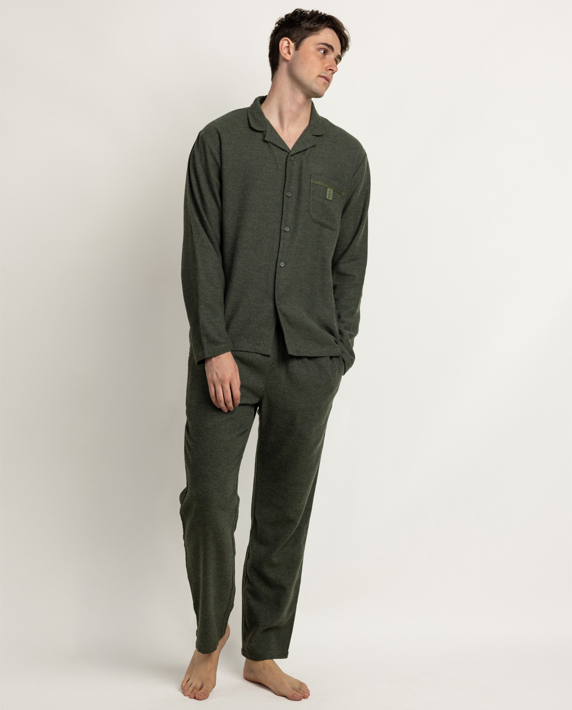 Pijama completo largo abierto de hombre de franela - Admas - Verde Verde-1