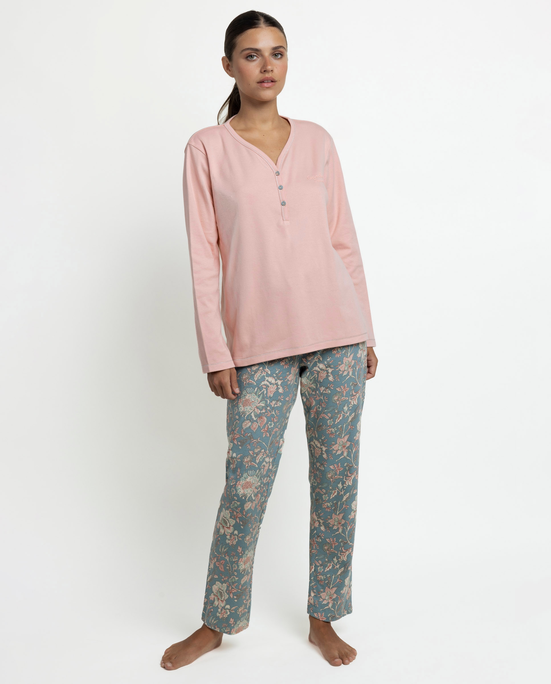 Pijama largo de mujer de punto de algodón - Admas - Rosa Rosa-1