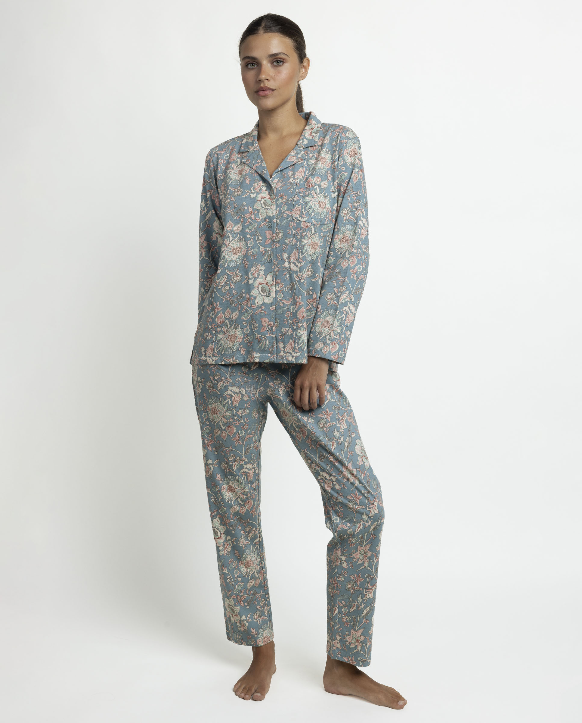 Pijama largo abierto de mujer de punto de algodón - Admas - Azul Azul-1