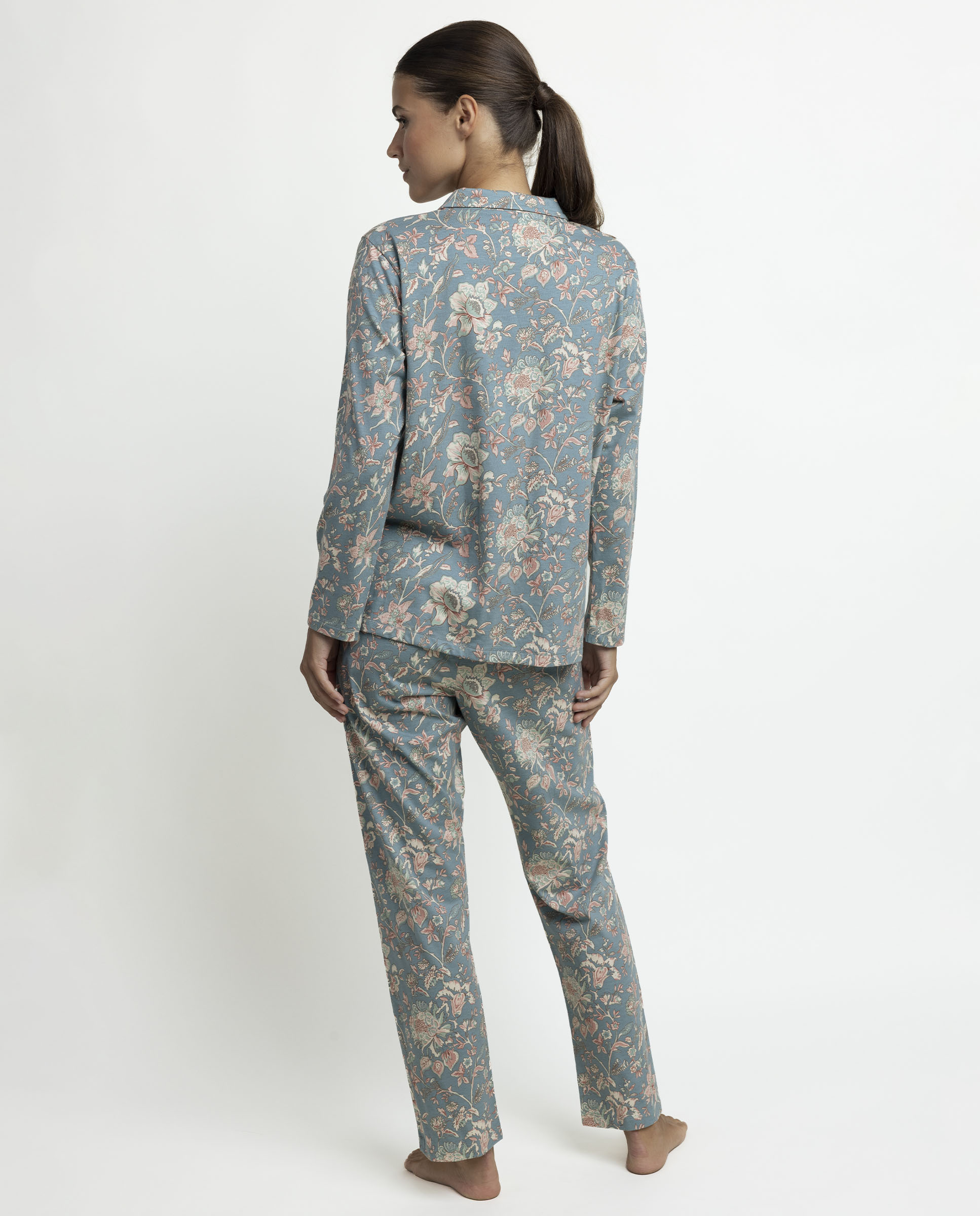 Pijama largo abierto de mujer de punto de algodón - Admas - Azul Azul-2