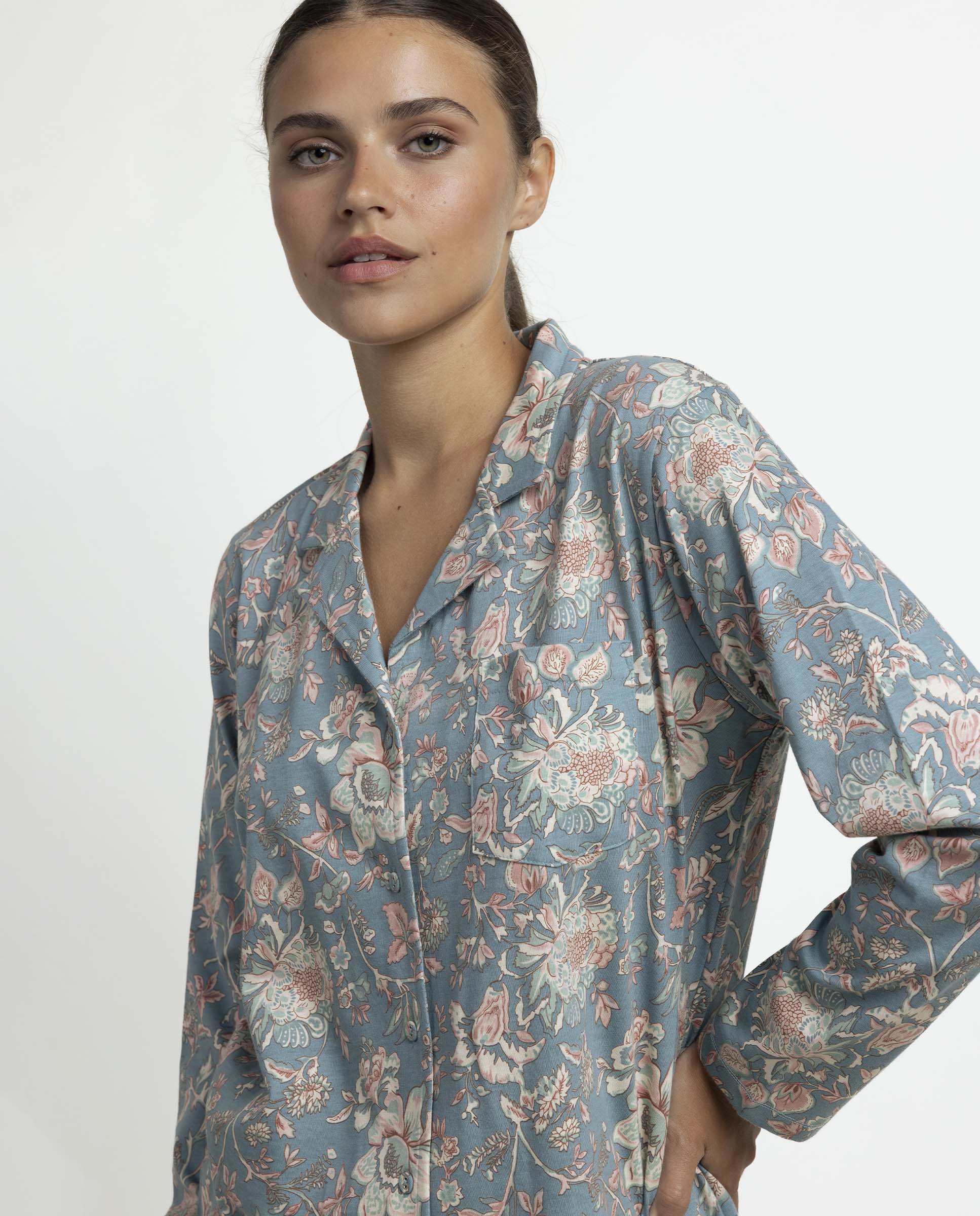 Pijama largo abierto de mujer de punto de algodón - Admas - Azul Azul-3