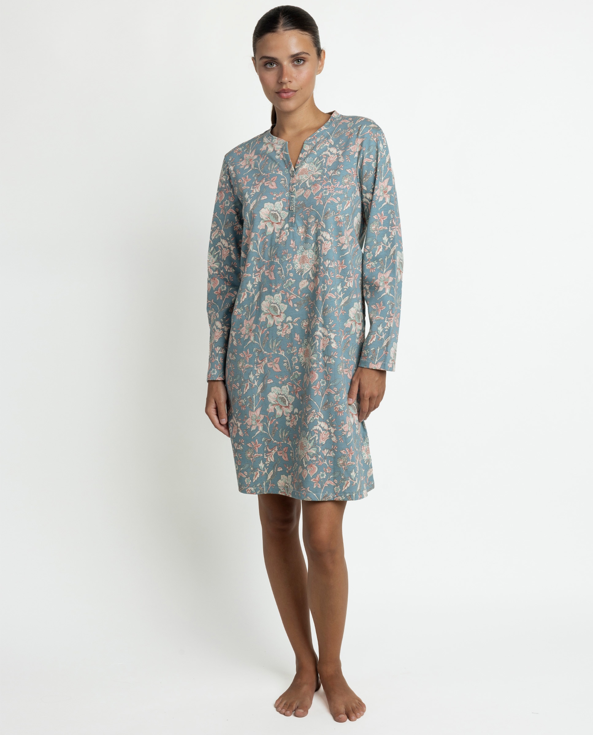 Imagen 0 de Camisón largo de mujer de punto de algodón Azul
