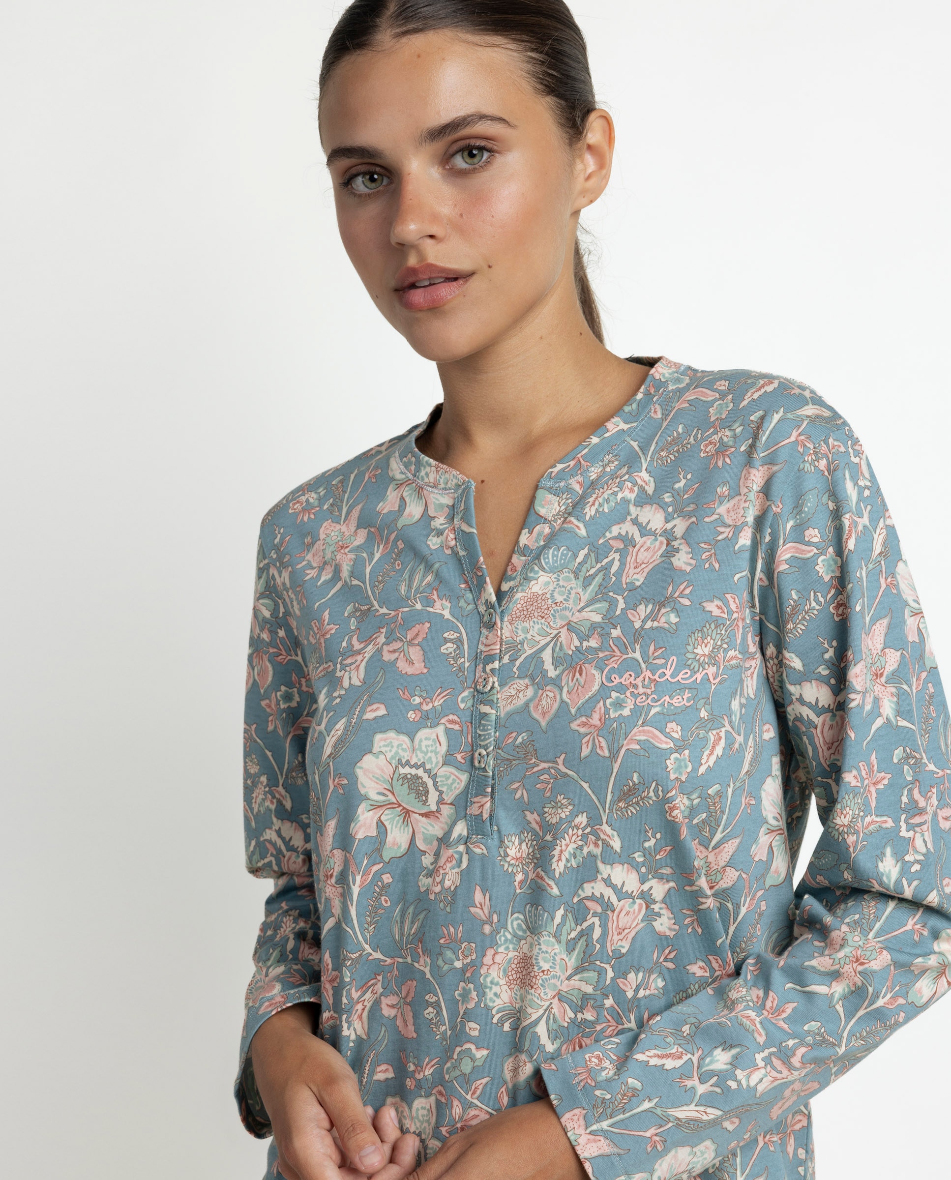 Camisón largo de mujer de punto de algodón - Admas - Azul Azul-3