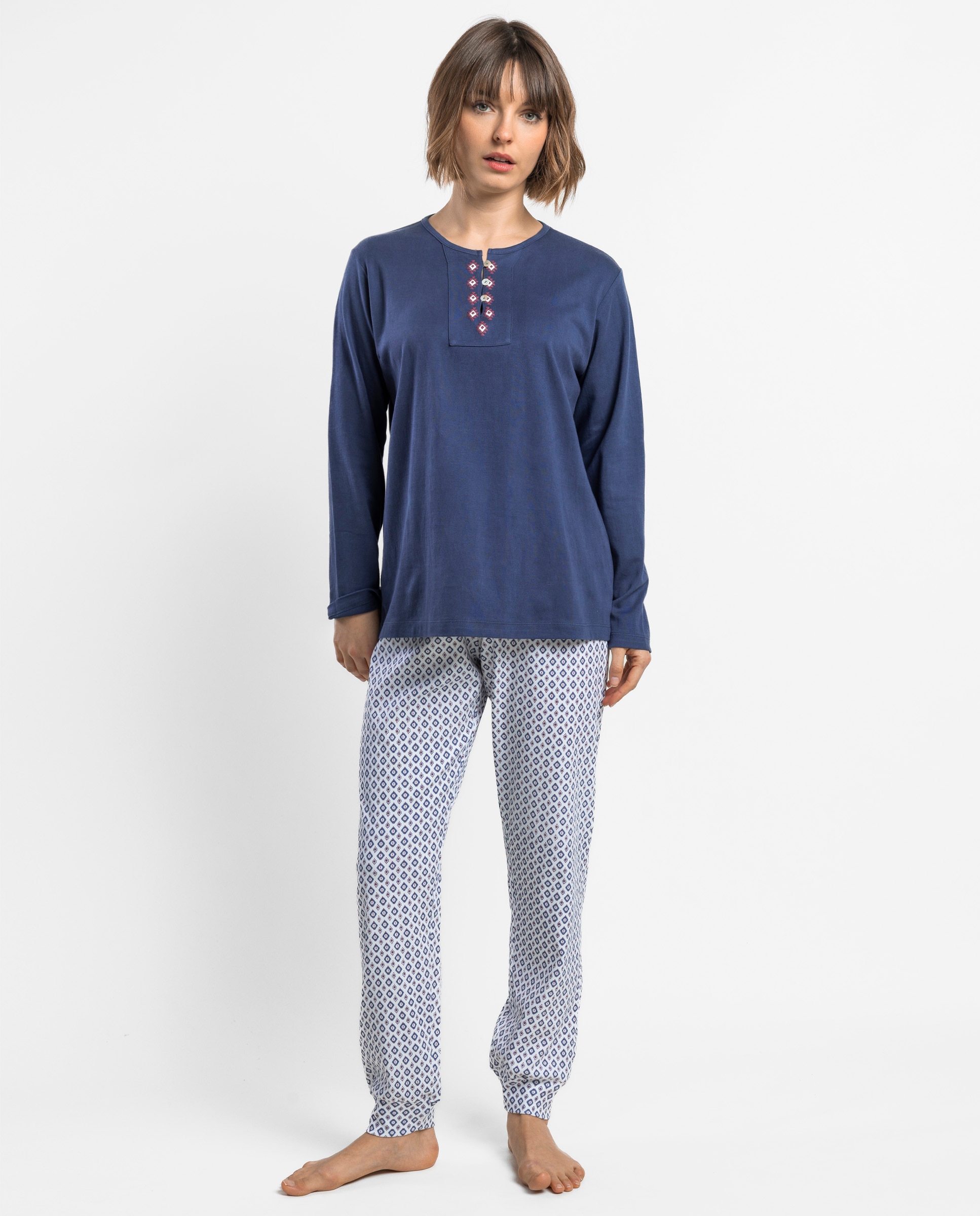 Pijama largo de mujer de punto interlock de algodón - Admas - Azul marino Azul marino-1