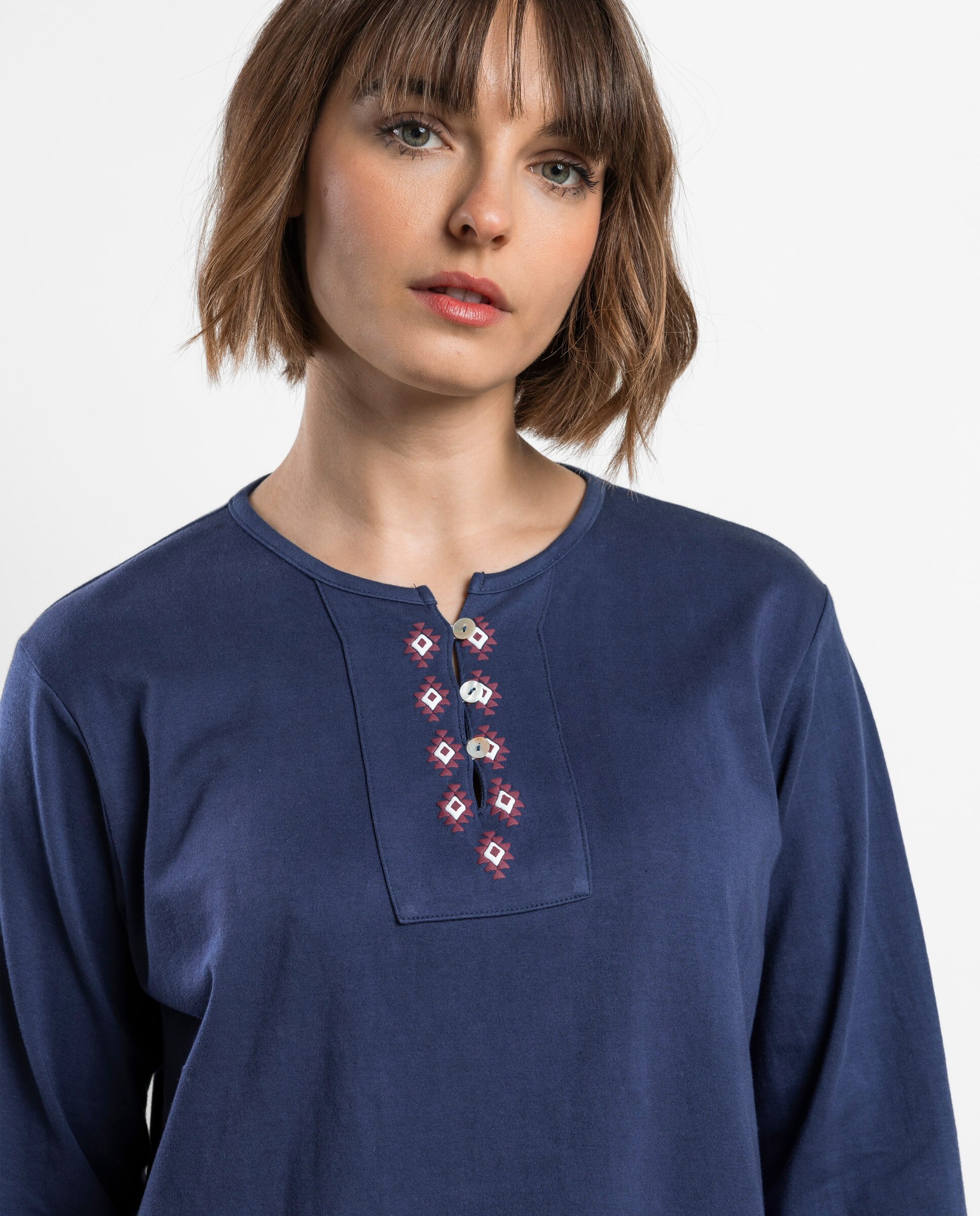 Pijama largo de mujer de punto interlock de algodón - Admas - Azul marino Azul marino-3