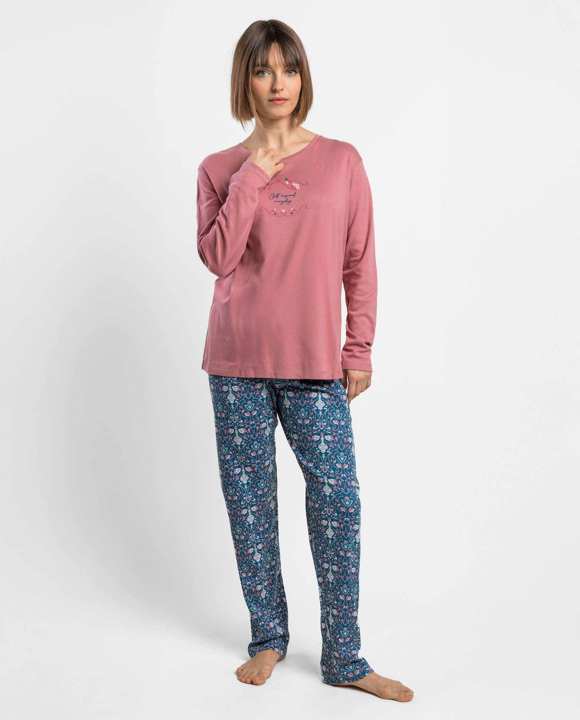 Pijama largo de mujer de punto de algodón - Admas - Rosa Rosa-1