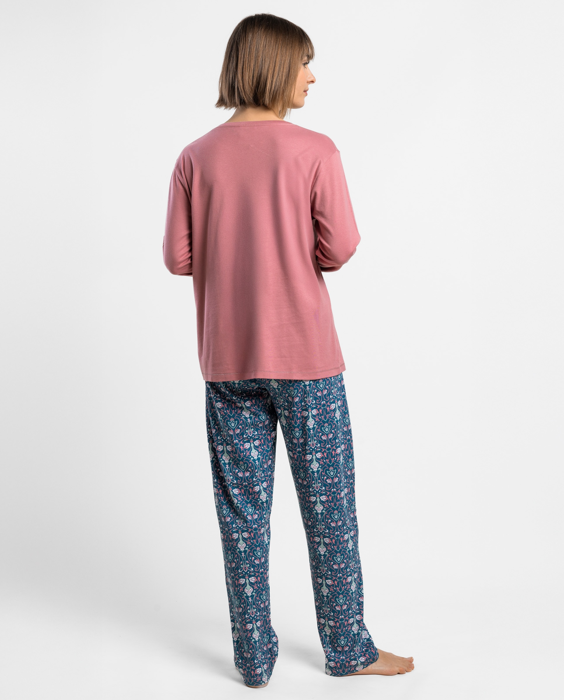 Pijama largo de mujer de punto de algodón - Admas - Rosa Rosa-2