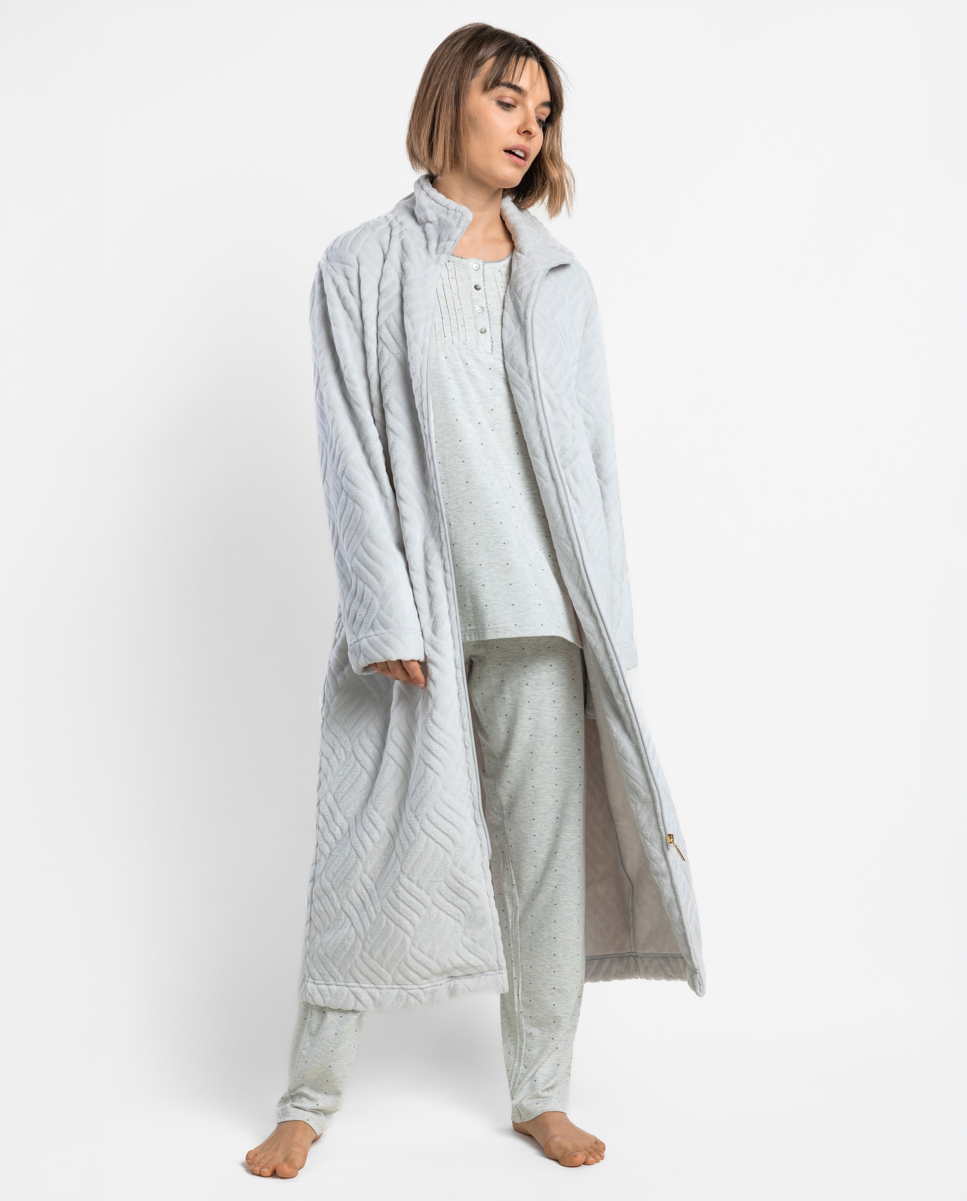 Bata de manga larga de mujer de tejido polar con cremallera - Admas - Gris claro Gris claro-1