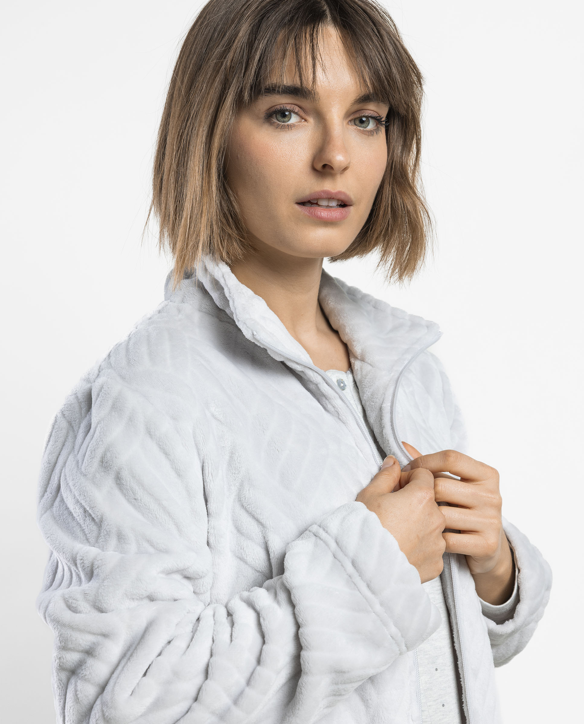 Bata de manga larga de mujer de tejido polar con cremallera - Admas - Gris claro Gris claro-3